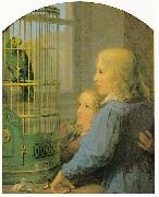 Georg Friedrich Kersting Zwei Kinder vor einem Papageienbauer Germany oil painting artist